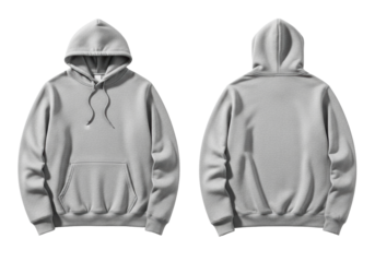 Light grey cotton fleece hoodie, dual view (front & back), drawstring hood, ribbed cuffs/hem, kangaroo pocket, on transparent studio background with negative space, concept for apparel mockup and