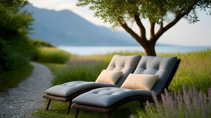 Two sun loungers in a beautiful garden setting by a lake, with an olive tree and lavender plants, symbolizing relaxation, summer vacation, and nature