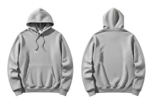 Light grey cotton fleece hoodie, dual view (front & back), drawstring hood, ribbed cuffs/hem, kangaroo pocket, on transparent studio background with negative space, concept for apparel mockup and