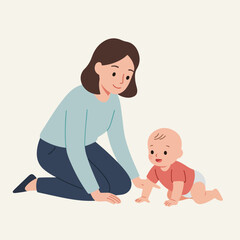Cute Cartoon Woman and Baby Playing Together on the Floor Illustration