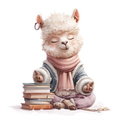 Meditating Alpaca with Stacked Books Wearing Jacket and Scarf on White Background
