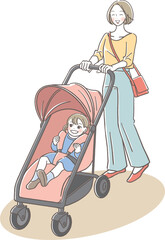 笑顔でベビーカーを押す母親