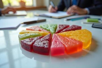 Businesspeople Get Creative with Candy Pie Chart on Desk