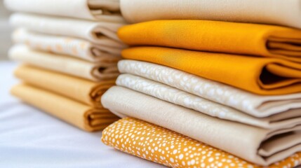 Decorative fabric bundles in light yellow and beige shades for creative layout