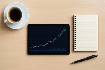 Tablet displaying a rising stock market chart on a wooden desk with a notebook and coffee cup