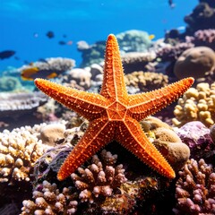 Vibrant starfish on coral reef