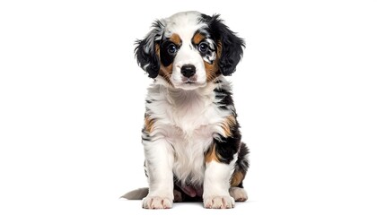 Adorable tricolor puppy sits against white background