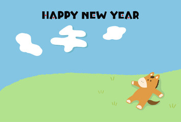 ゆるいタッチの2026年午年の年賀状_横向き