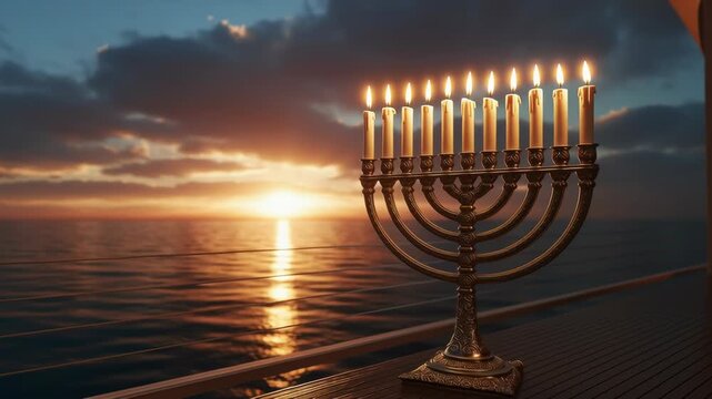 Hanukkah menorah with burning candles standing on deck against sunset over the sea