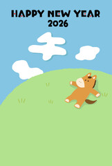 ゆるいタッチの2026年午年の年賀状_縦向き