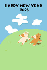 ゆるいタッチの2026年午年の年賀状_縦向き