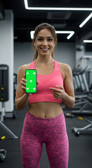Fototapeta premium Fitness Instructor Showing Fitness App on Green Screen Phone