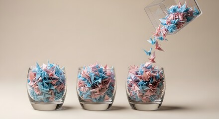 Shredded colorful plastic waste being poured into glasses symbolizing recycling and environmental sustainability.