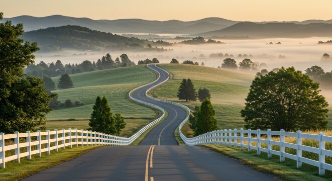 Serpentine road through rolling green hills white fence leading towards misty mountains under a morning sky