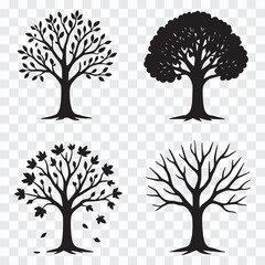 Four Silhouette Trees on Transparent Background