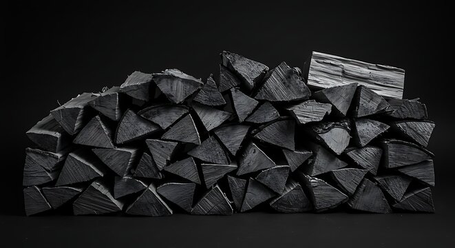 Stacked firewood against a black background for conceptual designs