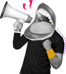 man with Hand hold megaphone Halftone collage art.	