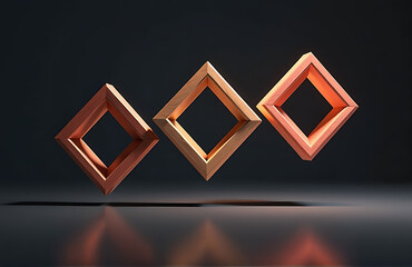 trio intricately rendered rhombi hover suspended mirrored reflections casting infinite grid darkened