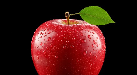 Close-up of a glistening red apple with a fresh green leaf on a black background