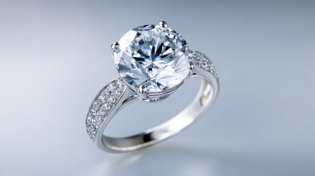 White gold ring with large sparkling diamond isolated on soft light gray gradient background, elegant luxury jewelry