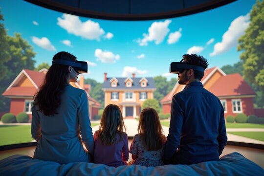 Family using virtual reality headsets to explore and select dream home in digital world with diverse properties.