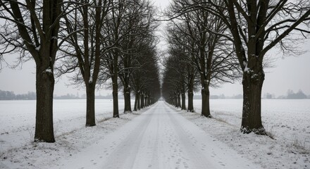 Fototapeta premium Snow covered road lined with bare trees extending into the distance creating a symmetrical winter landscape scene