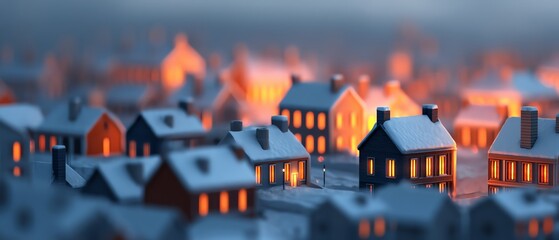 Winter holiday transition scene with snowy rooftops and warm glow