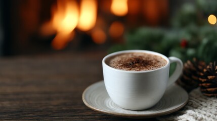 Obraz premium Winter holiday transition with hot cocoa by festive fireplace