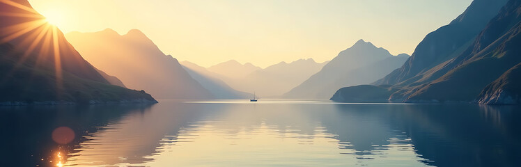 tranquil late afternoon scene captures serene fjord landscape bathed warm golden light misty mountains rising softly cool