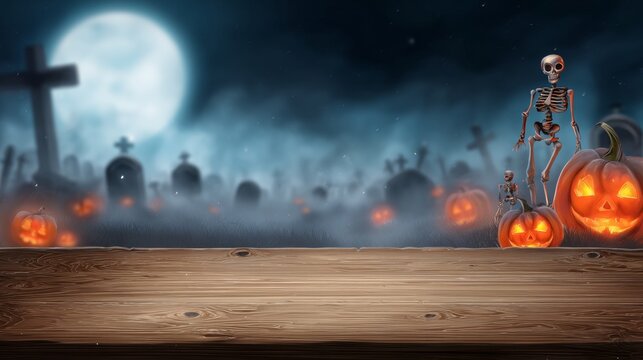 Spooky halloween party card design with glowing jack o lanterns and skeleton in graveyard - Powered by Adobe