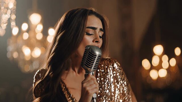 Passionate young woman in a sequin dress emotionally performing a song on stage, holding a vintage microphone against a backdrop of glowing lights and beautiful bokeh in a concert hall