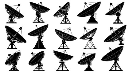 Collection of sixteen diverse satellite dish silhouettes