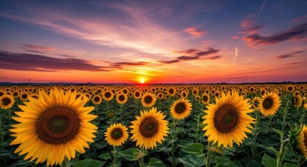 Picturesque Sunflower Field at Dusk with Vibrant Orange and Pink Skies