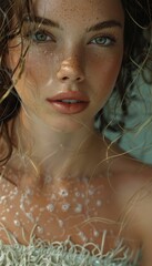 Close-Up Portrait of Woman with Freckles, Wet Hair, and Water Droplets