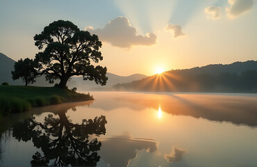 tranquil early morning scene captures misty lake gentle ripples reflecting majestic tree silhouetted branches warm golden