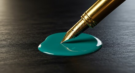 Close-up of a golden fountain pen tip dipping into a pool of teal ink on a dark textured surface.