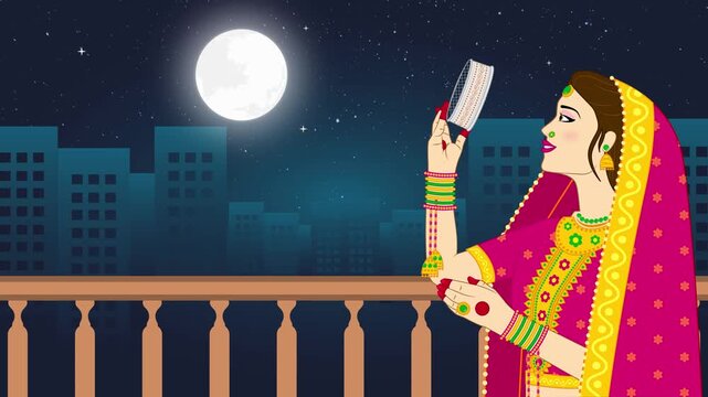Indian Woman Karva Chauth Moon Ritual

