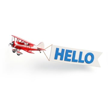 A vintage biplane pulling a banner that reads Hello on a blank background