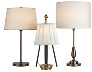 Three table lamps with linen shades in beige and off-white, featuring different bases