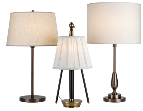 Three table lamps with linen shades in beige and off-white, featuring different bases