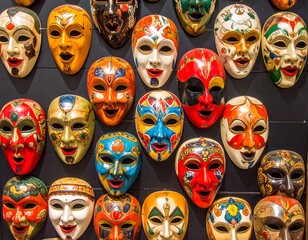 Colorful Venetian masks displayed on a wall