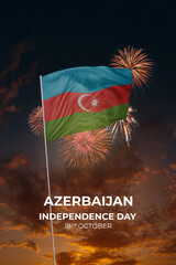 Sky with stars and fireworks waving National flags of Azerbaijan