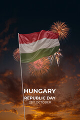 Sky with stars and fireworks waving National flags of Hungary