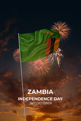 Sky with stars and fireworks waving National flags of Zambia