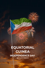 Sky with stars and fireworks waving National flags of Equatorial Guinea