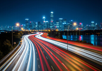 Night Cityscape with Highway Traffic Trails, Illuminated Skyscrapers, Urban Landscape.