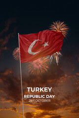 Sky with stars and fireworks waving National flags of Turkey