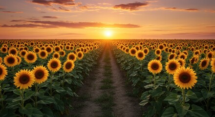 Fototapeta premium Sunflower field at sunset landscape with orange sky scenic natural environment background