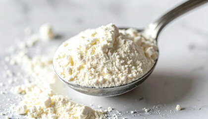 White powder supplement in scoop. Hydrolyzed collagen, sodium benzoate, citric acid