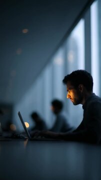 Focused work at night in a quiet office surrounded by city lights